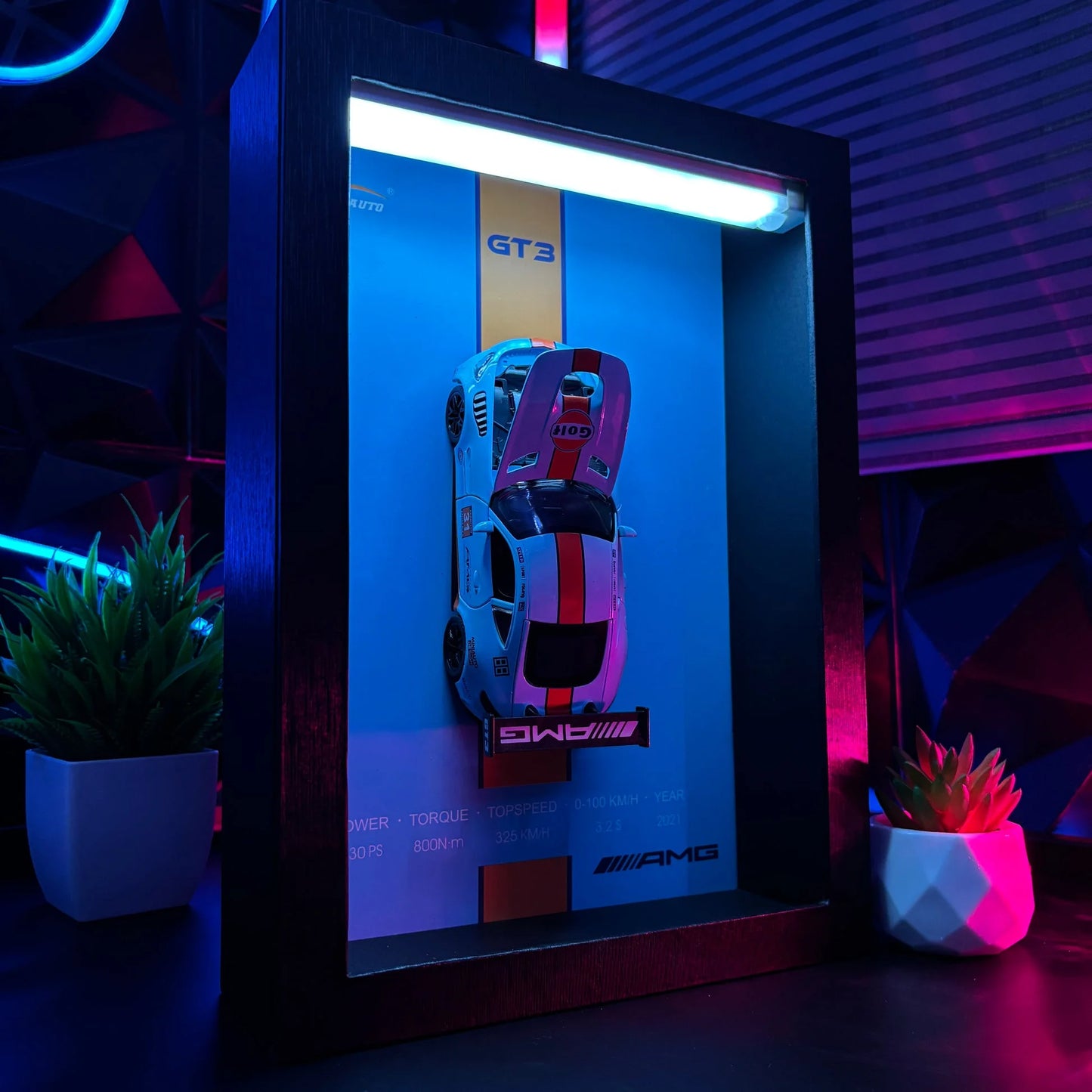 Tableau 3D LED GT3 racing avec voiture miniature et éclairage LED ambiance