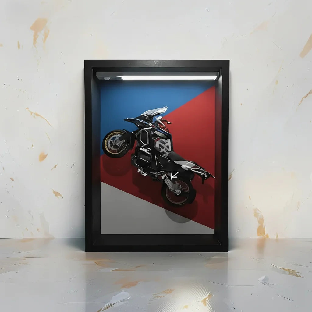 Tableau 3D LED R1250GS vue de face fond en marbre -  décoration murale cadeau motard