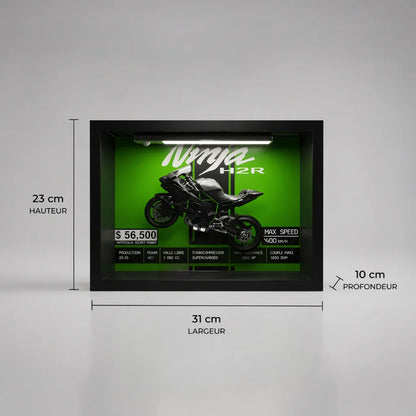 Tableau 3D LED Ninja H2R vert fond blanc - dimensions 23cm de hauteur, 31cm de largeur, 10cm de profondeur