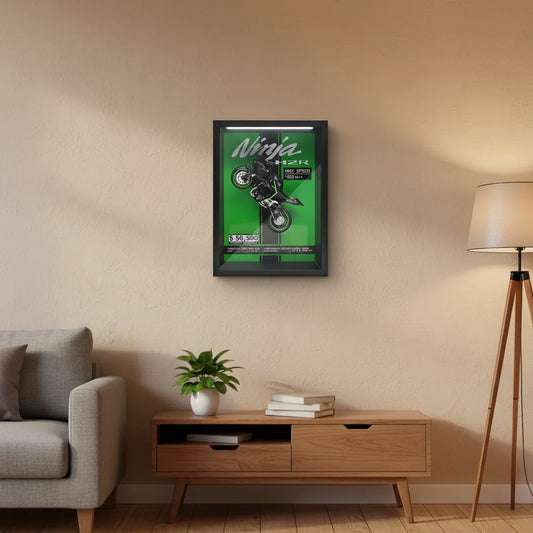 Tableau 3D LED verticale - Ninja H2R ambiance salon chaleureuse - idée cadeau motard 