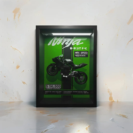 Tableau 3D LED Ninja H2R vert vue face - décoration murale moto sportive lumineuse verticale
