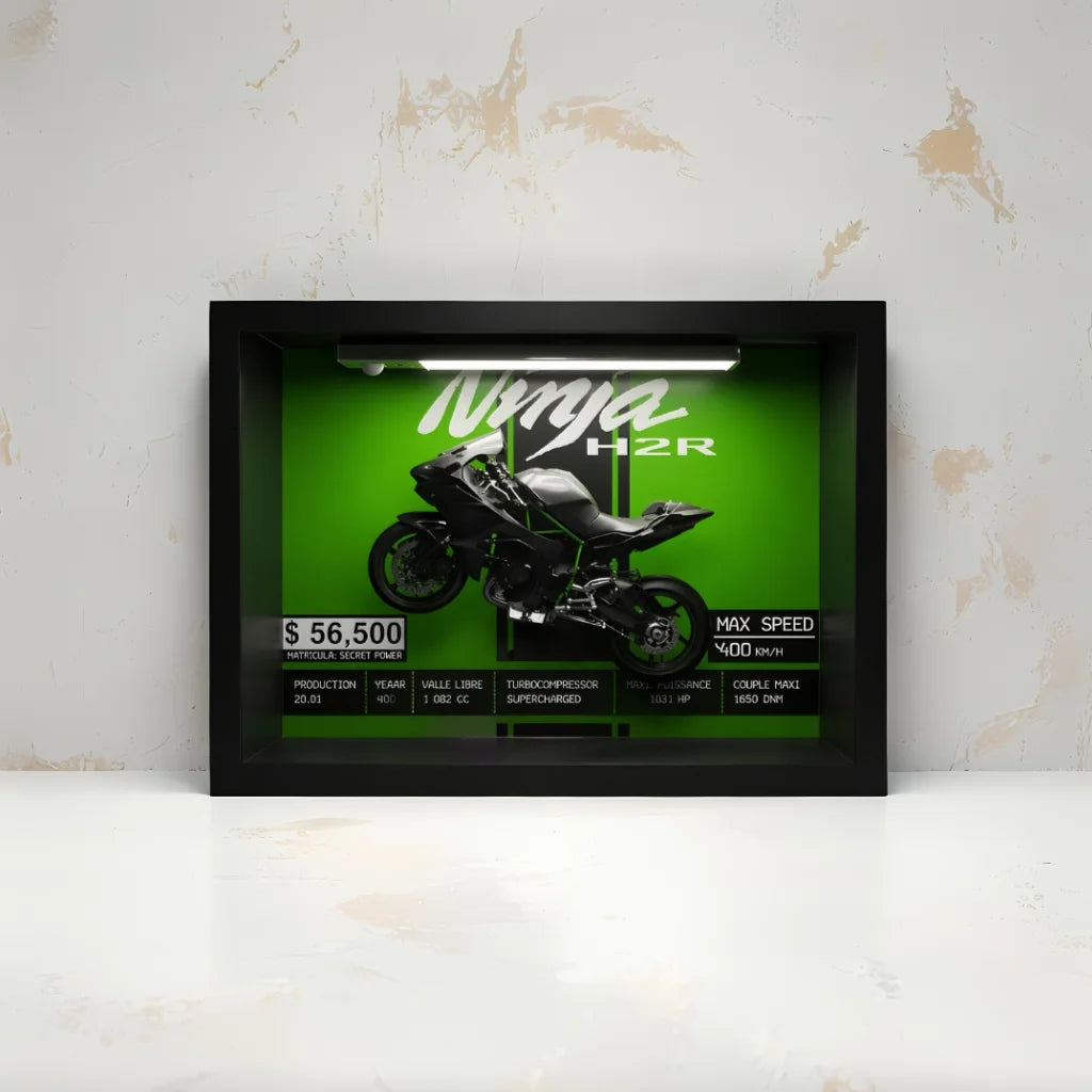 Tableau 3D LED Ninja H2R vert en situation, décoration motard - idée cadeau passionné moto horizontale