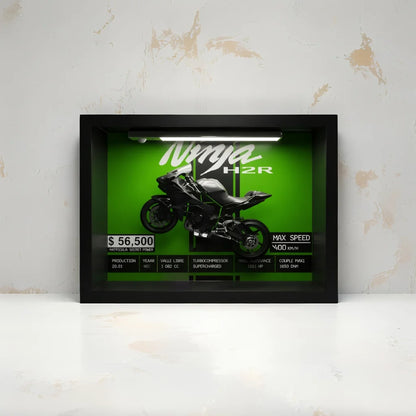 Tableau 3D LED Ninja H2R vert en situation, décoration motard - idée cadeau passionné moto horizontale