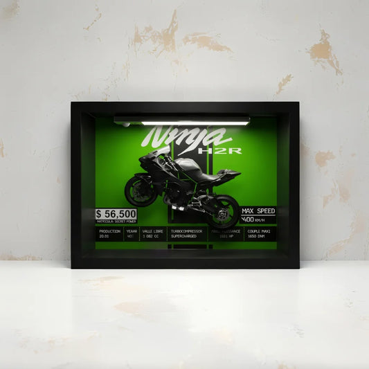 Tableau 3D LED Ninja H2R vert en situation, décoration motard - idée cadeau passionné moto horizontale