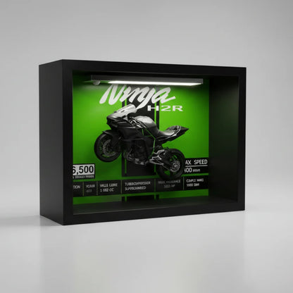 Tableau 3D LED Ninja H2R vert vue trois quarts droite - décoration murale moto lumineuse horizontale