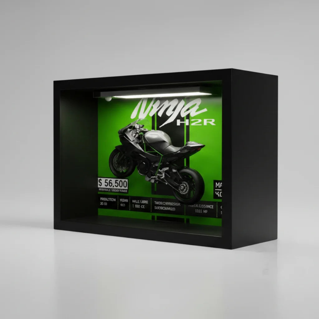 Tableau 3D LED Ninja H2R vert vue trois quarts gauche - décoration murale moto horizontale