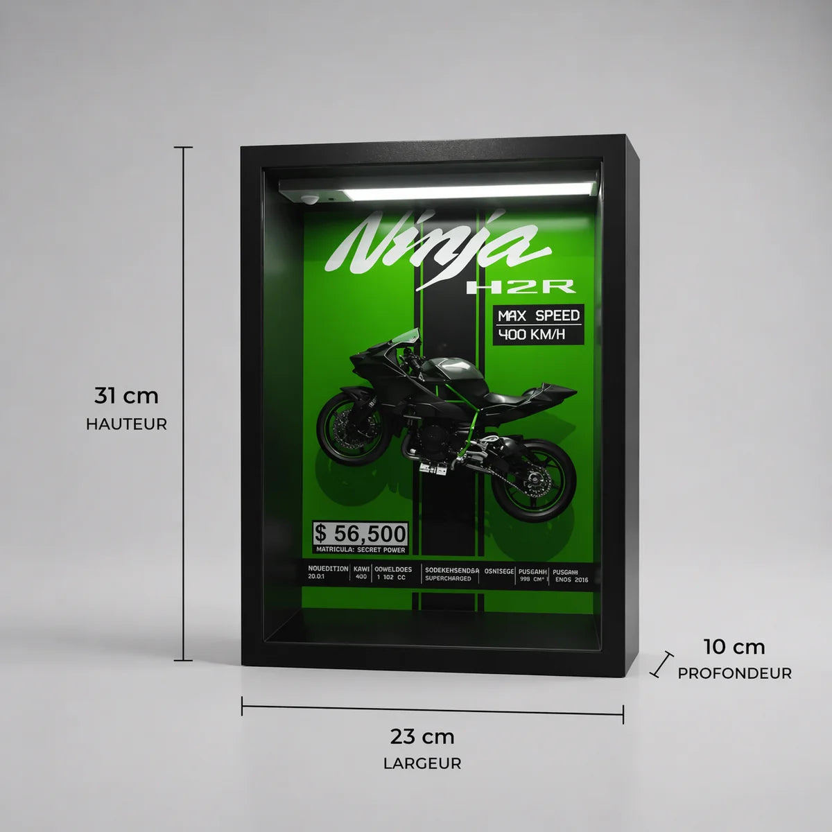 Tableau 3D LED moto Ninja - déco murale dimension 31cm hauteur ; 23cm largeur ; 10cm profondeur