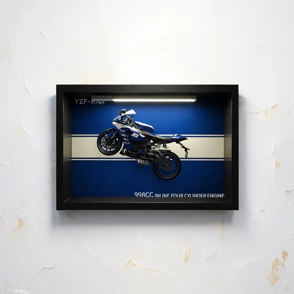 Tableau 3D LED YZF-R1 bleu blanc vue accroché au mur - décoration pour passionné de moto