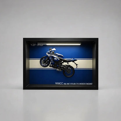 Tableau 3D LED YZF-R1 bleu blanc vue face studio - décoration murale moto sportive lumineuse horizontale