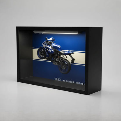 Tableau 3D LED YZF-R1 bleu blanc vue profil gauche - déco murale moto sportive horizontale