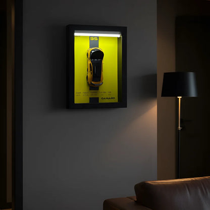 Tableau 3D LED Camaro jaune ambiance nuit - idée cadeau passionné muscle car