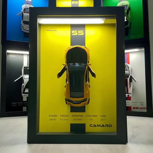 Tableau 3D LED Camaro SS jaune vue de face - décoration murale muscle car lumineuse