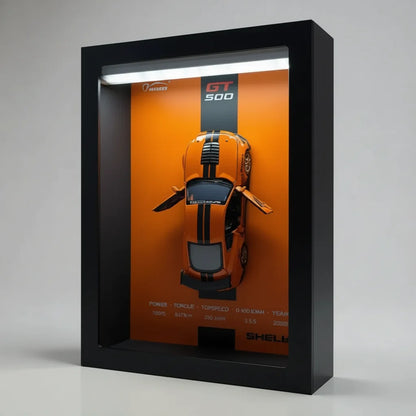 Tableau 3D LED GT500 orange vue trois quarts - déco murale voiture de sport américaine