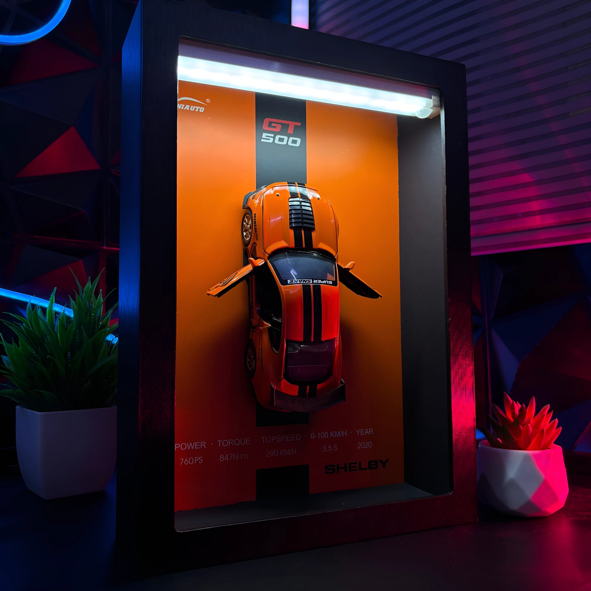 Tableau 3D LED muscle car GT500 orange avec voiture miniature et éclairage LED ambiance