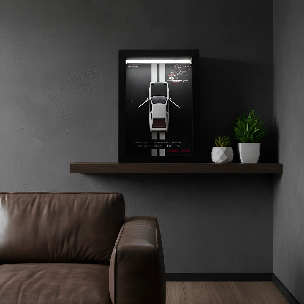 Tableau 3D LED AE86 en situation salon gris - idée cadeau passionné voiture japonaise