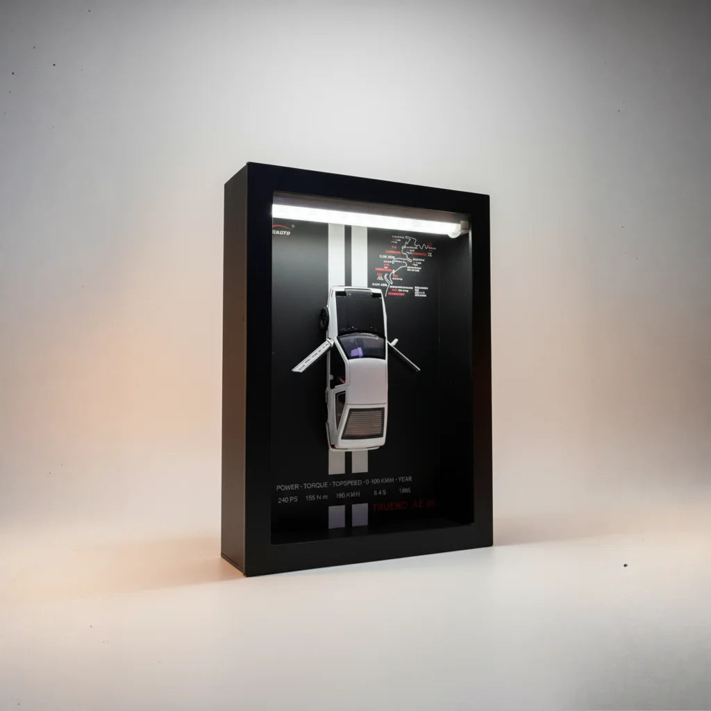 Tableau 3D LED AE86 vue trois quarts studio - décoration maison pour passionné JDM