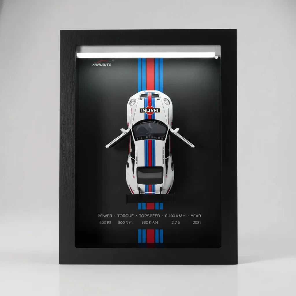 Tableau 3D LED 911 GT3 blanc vue de face - déco murale voiture de course