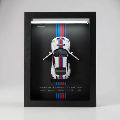 Tableau 3D LED 911 GT3 blanc vue de face - déco murale voiture de course
