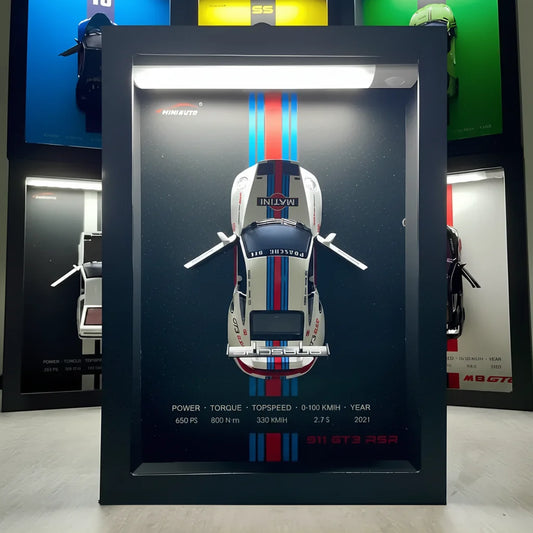 Tableau 3D LED 911 GT3 RSR Martini blanc - décoration murale racing lumineuse