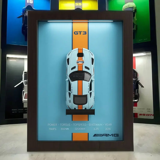 Tableau 3D LED AMG GT3 vue de face - décoration murale supercar racing lumineuse