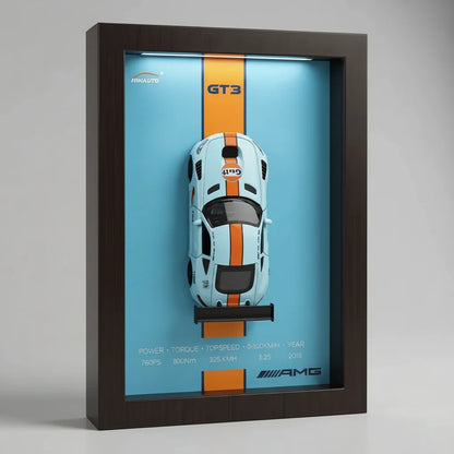 Tableau 3D LED AMG livrée Gulf vue trois quarts - déco murale voiture de course