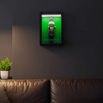 Tableau 3D LED supercar italienne verte en situation salon - idée cadeau passionné auto