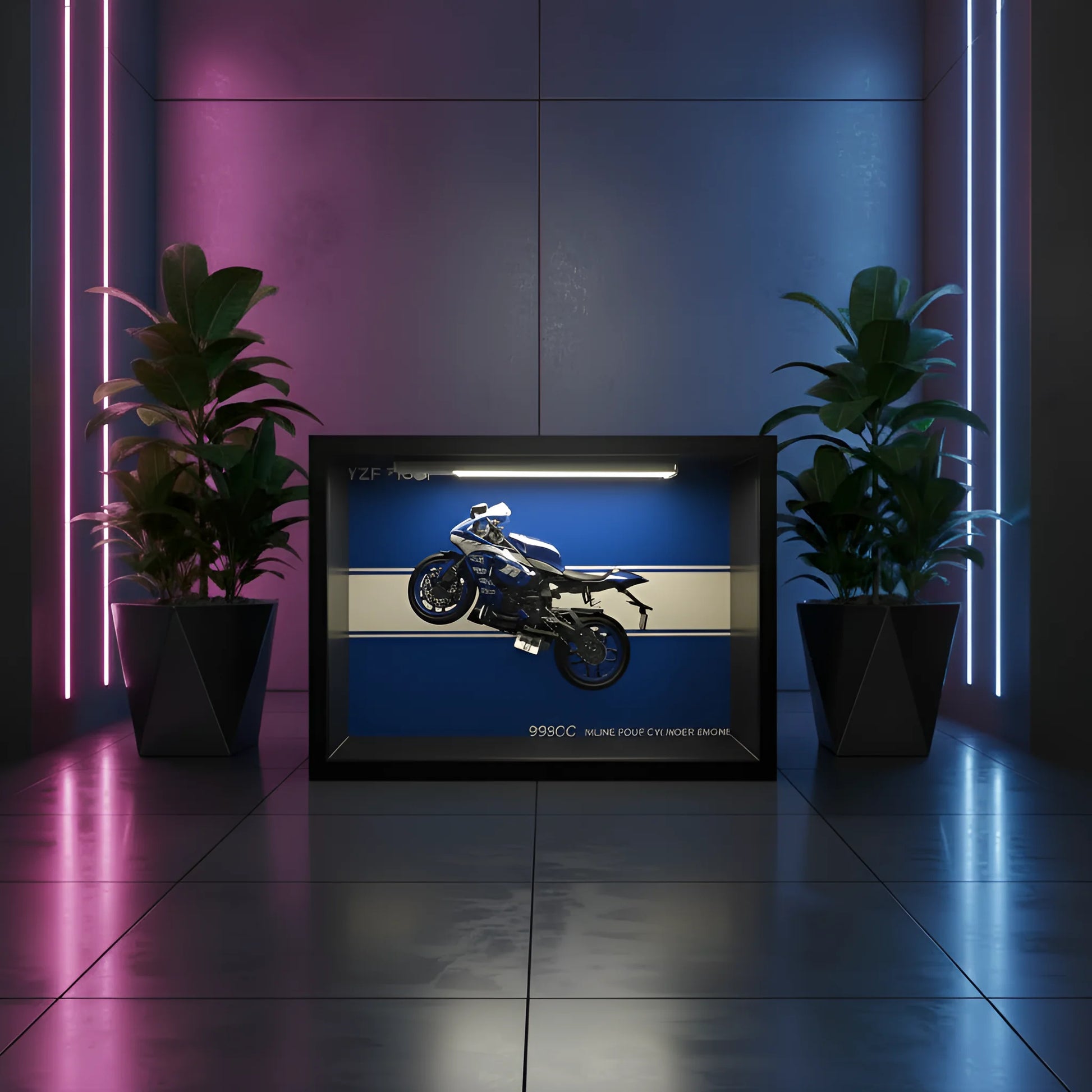 Tableau 3D LED Yamaha R1M horizontal éclairé dans ambiance néon rose et bleu