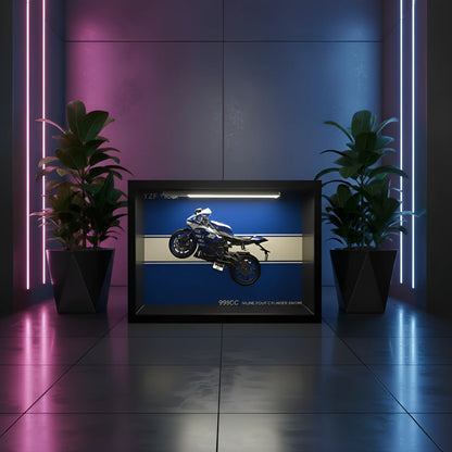 Tableau 3D LED Yamaha R1M horizontal éclairé dans ambiance néon rose et bleu