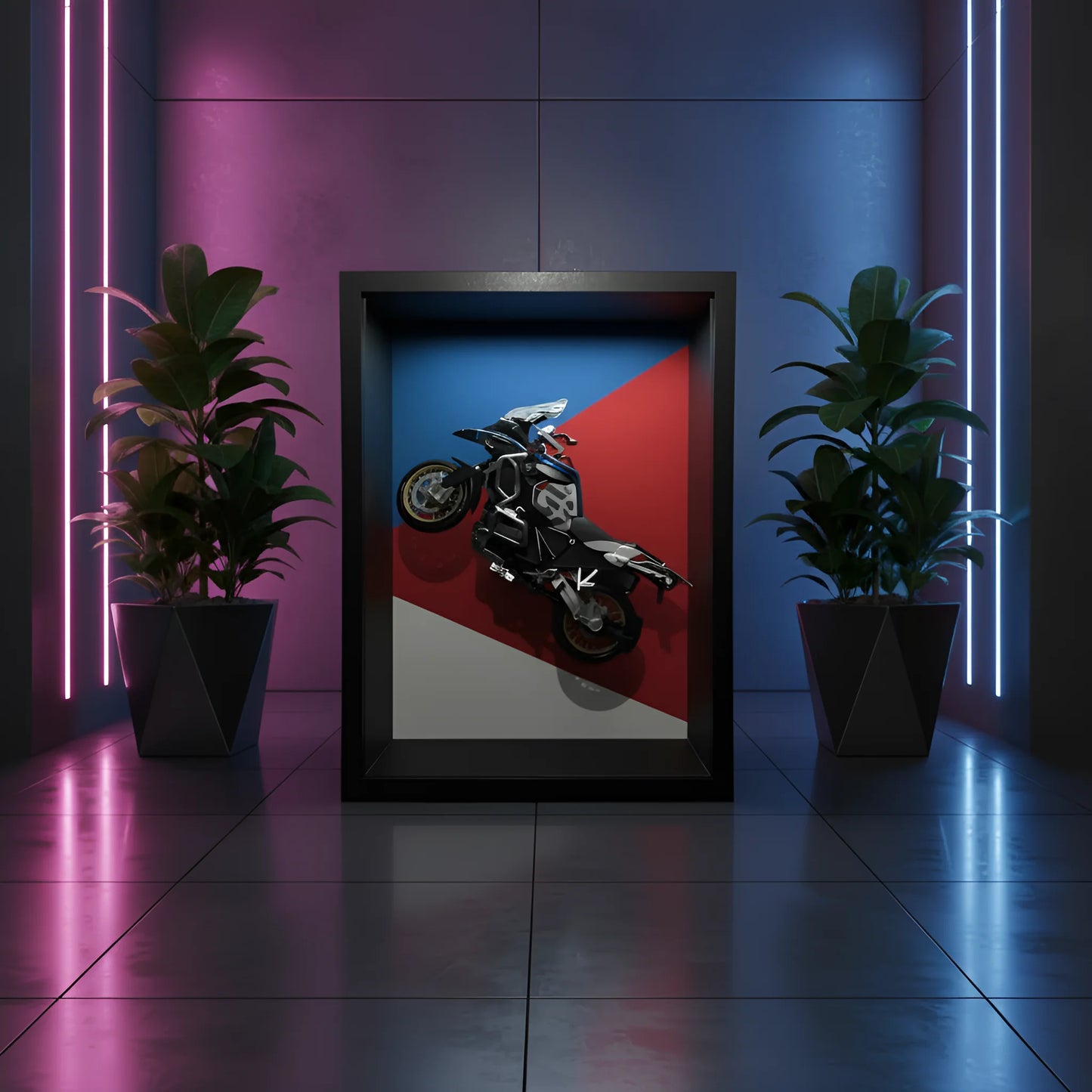 Tableau 3D moto trail vertical dans décor néon rose et bleu avec plantes