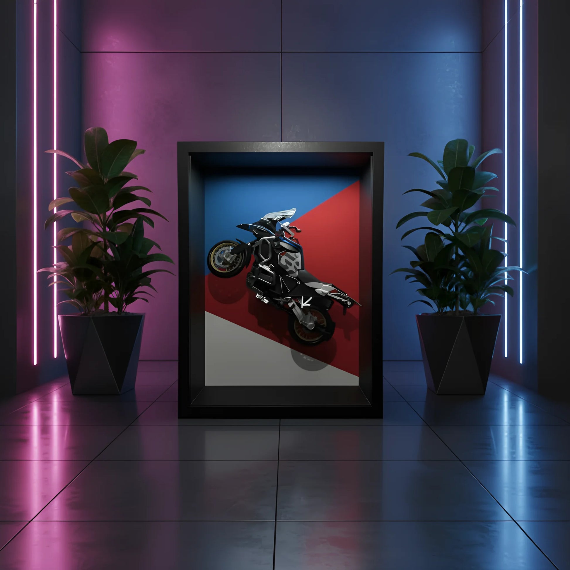 Tableau 3D moto trail vertical dans décor néon rose et bleu avec plantes