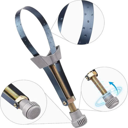 Zooms sur les détails clés de la clé à filtre à huile : sangle en acier, molette de serrage, structure ajustable